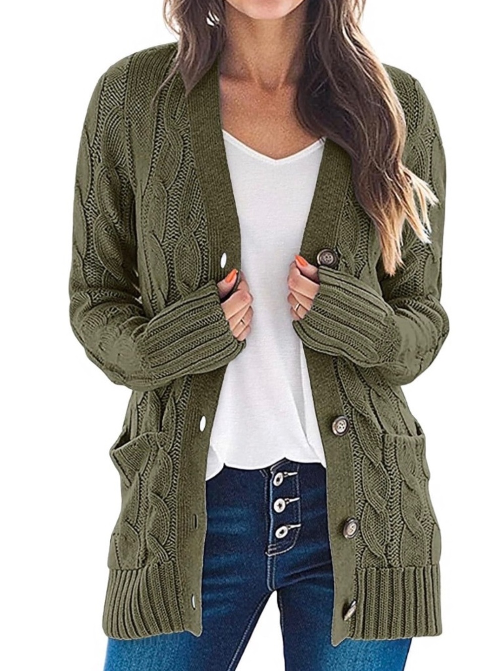 MEROKEETY Olive Green Cable Knit Button Front Cardigan Sweater Size Small NWT